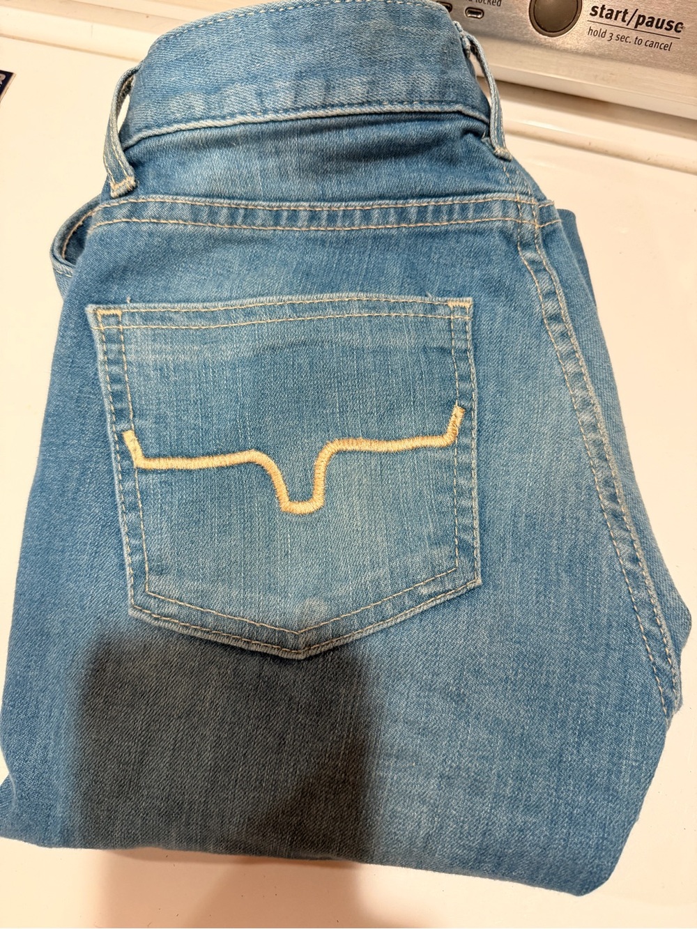 Kimes Ranch Light Blue Straight Leg Jeans with Yellow Stitch